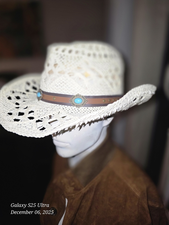 Accessories - Straw Cowgirl Hat with Brown Leather Band and Turquoise Accents